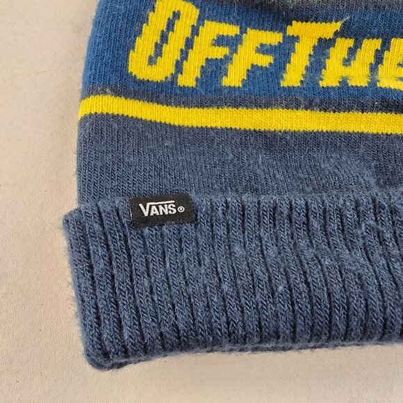 Vans Off The Wall Blue Yellow Pom Beanie Knit Winter Hat Skateboarding Toque - Picture 3 of 7